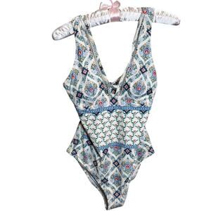 Cupshe swimsuit one piece patterned tie back crochet trim removable lining Sz S